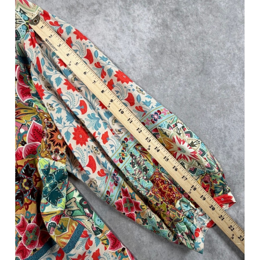 John Mark Womens XL Blouse Rayon Multicolor Floral Patchwork Boho Tassel Tie - Picture 9 of 9